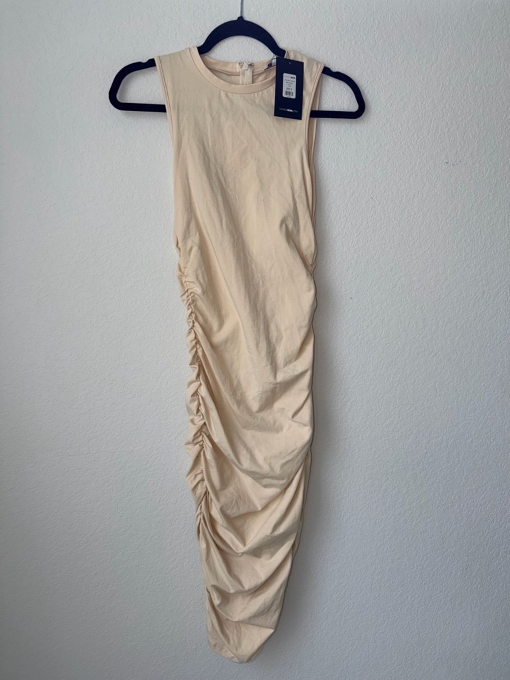 Fashion Nova Nude Ruched Midi Dress